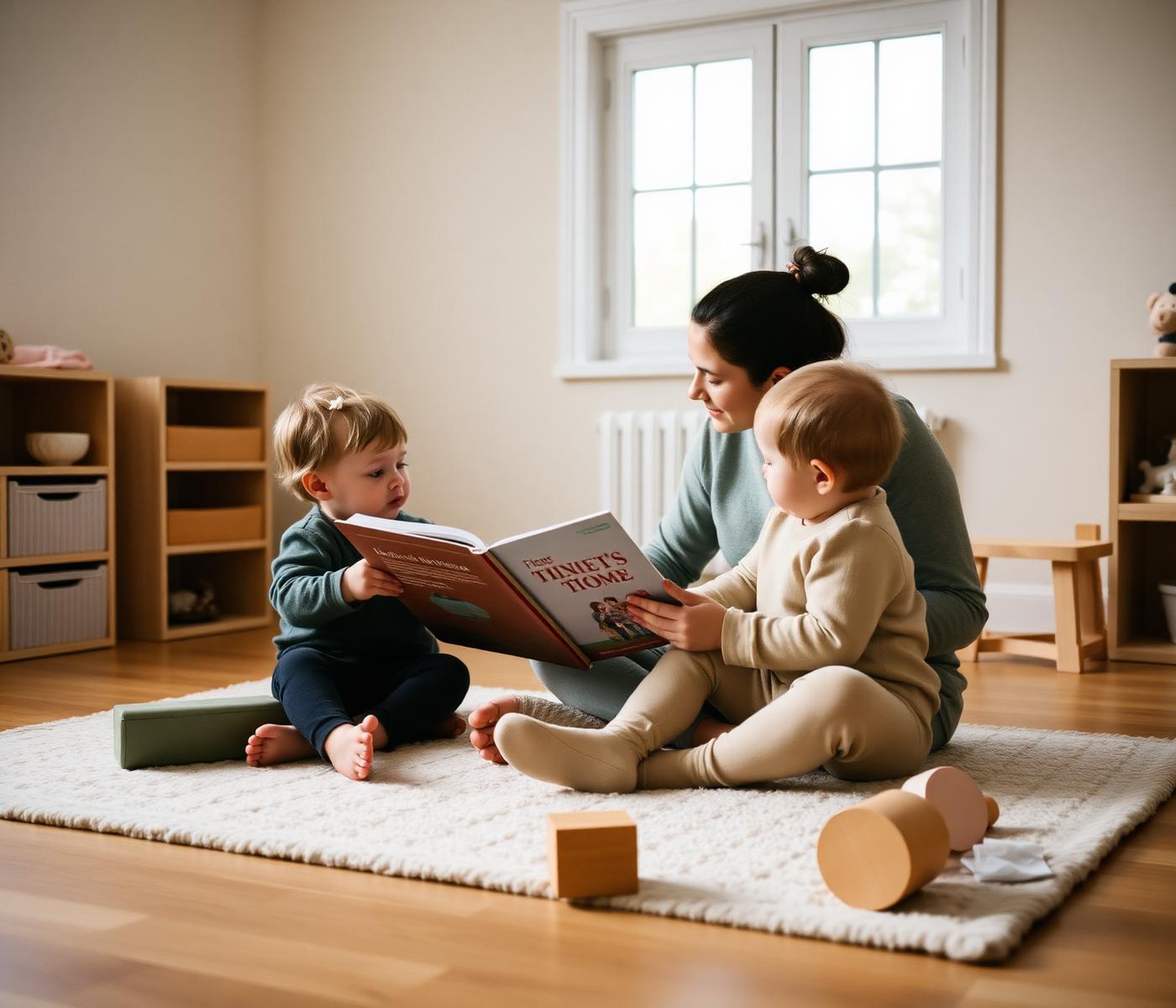 A carer reading a picture book with two toddlers on a rug