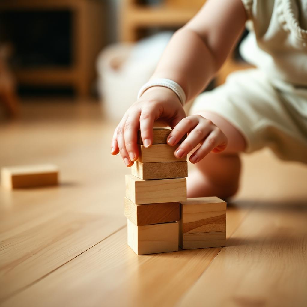 A toddler stacking timber blocks on a wooden floor