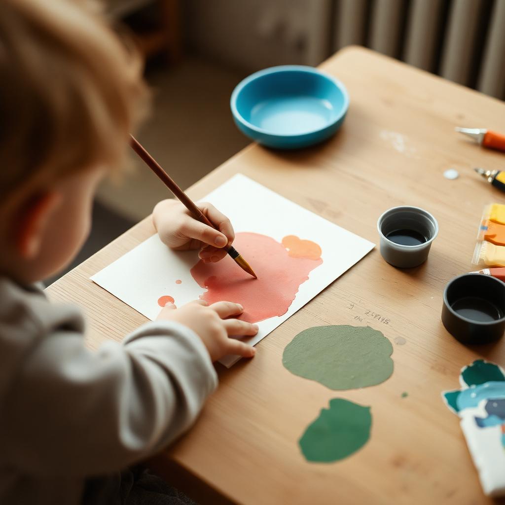 A kindergarten child painting with watercolours at a timber table