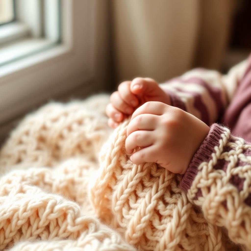A baby's hands resting on a soft knitted blanket in warm window light