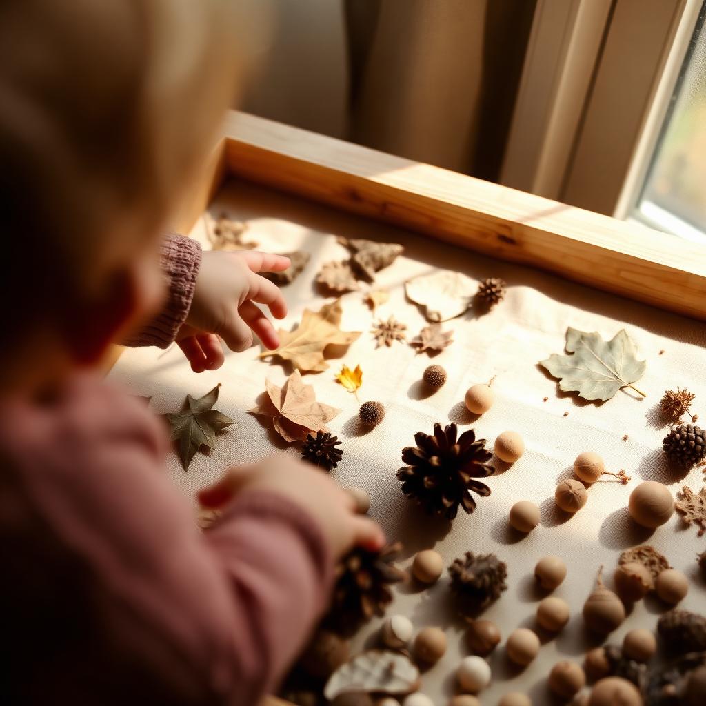 A small child exploring a nature sensory tray of leaves and pinecones