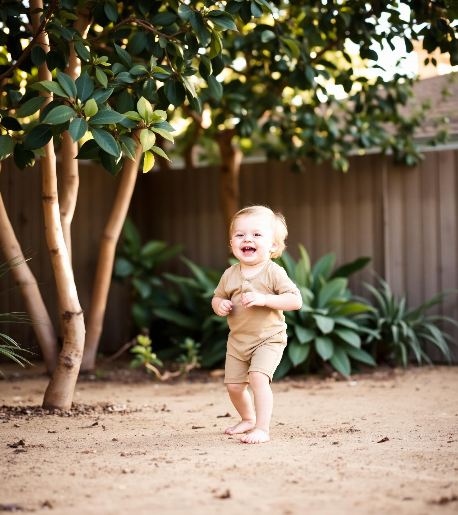 A young child laughing while playing outdoors in a leafy garden